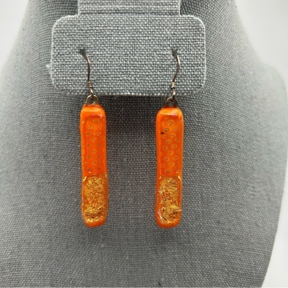 Sterling Silver 925 Hook Orange Resin Dangle Earrings with Gold Tone Flakes